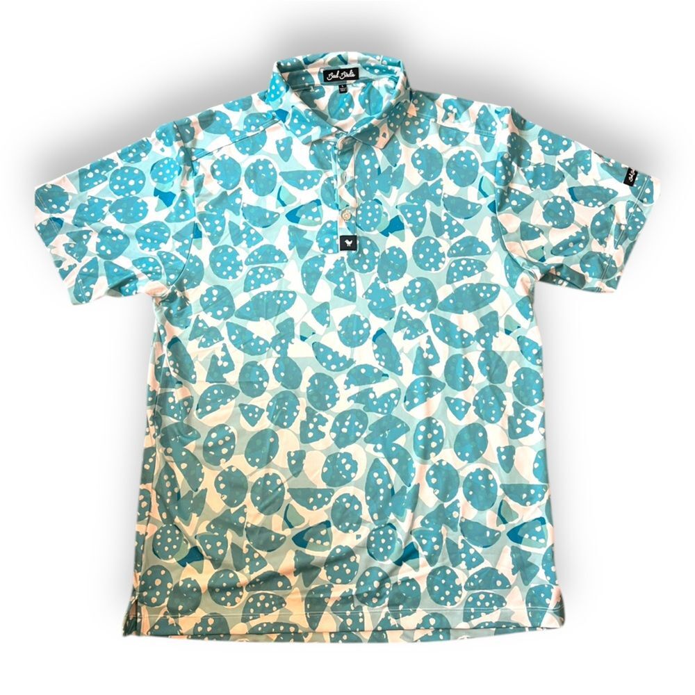 Men's Bad Birdie‎ Bam Bam Blue Golf Polo Shirt All Over Print White/Teal Size XL
